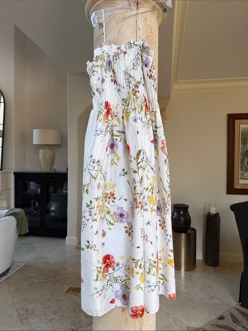 H&M White Cotton Strapless Midi Dress with Multicolor Botanical Print Sz L